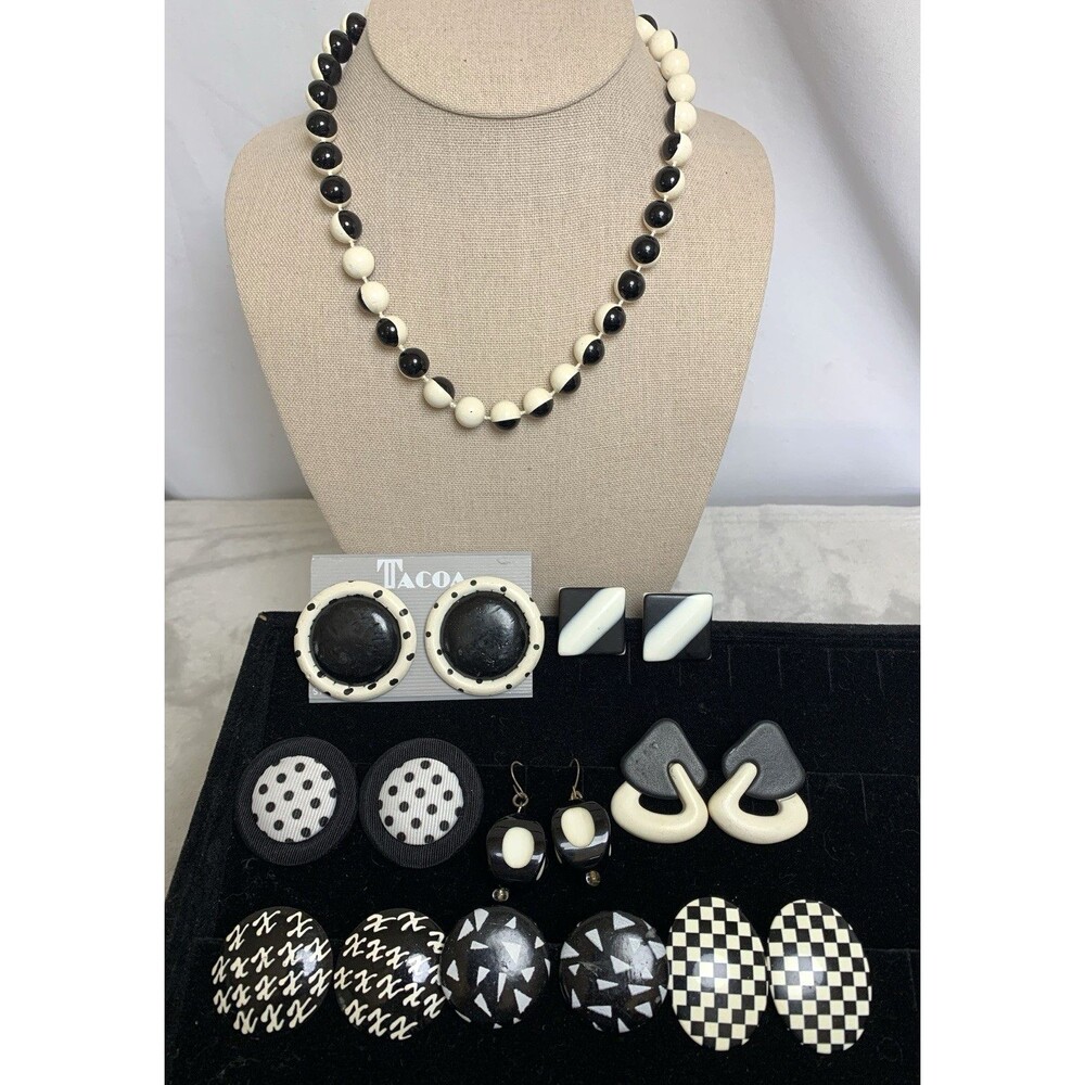 Vintage MOD Monochrome Jewelry Lot Black White Earrings Signed Tacoa & Necklace